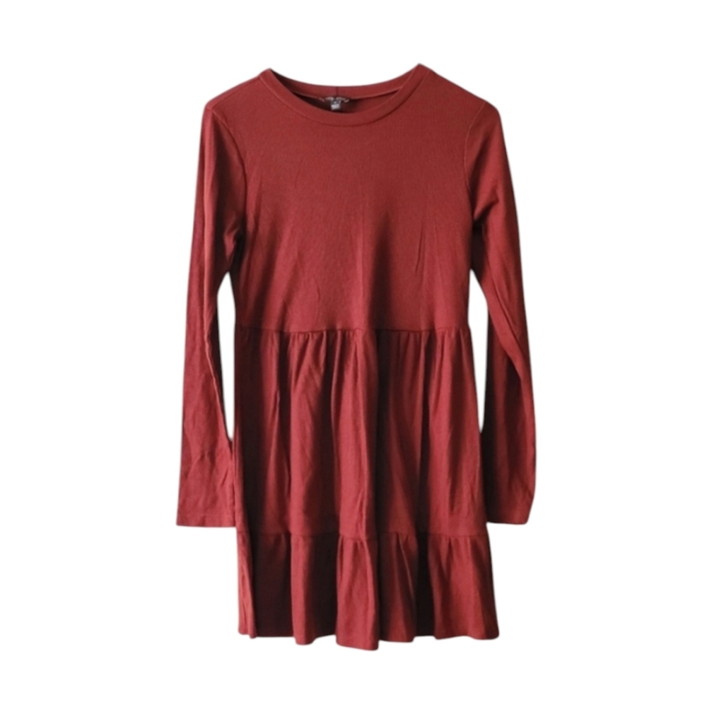 Lily Rose Soft Rust Red Ribbed Ruffle Tiered Long Sleeve Dress Size Small Women